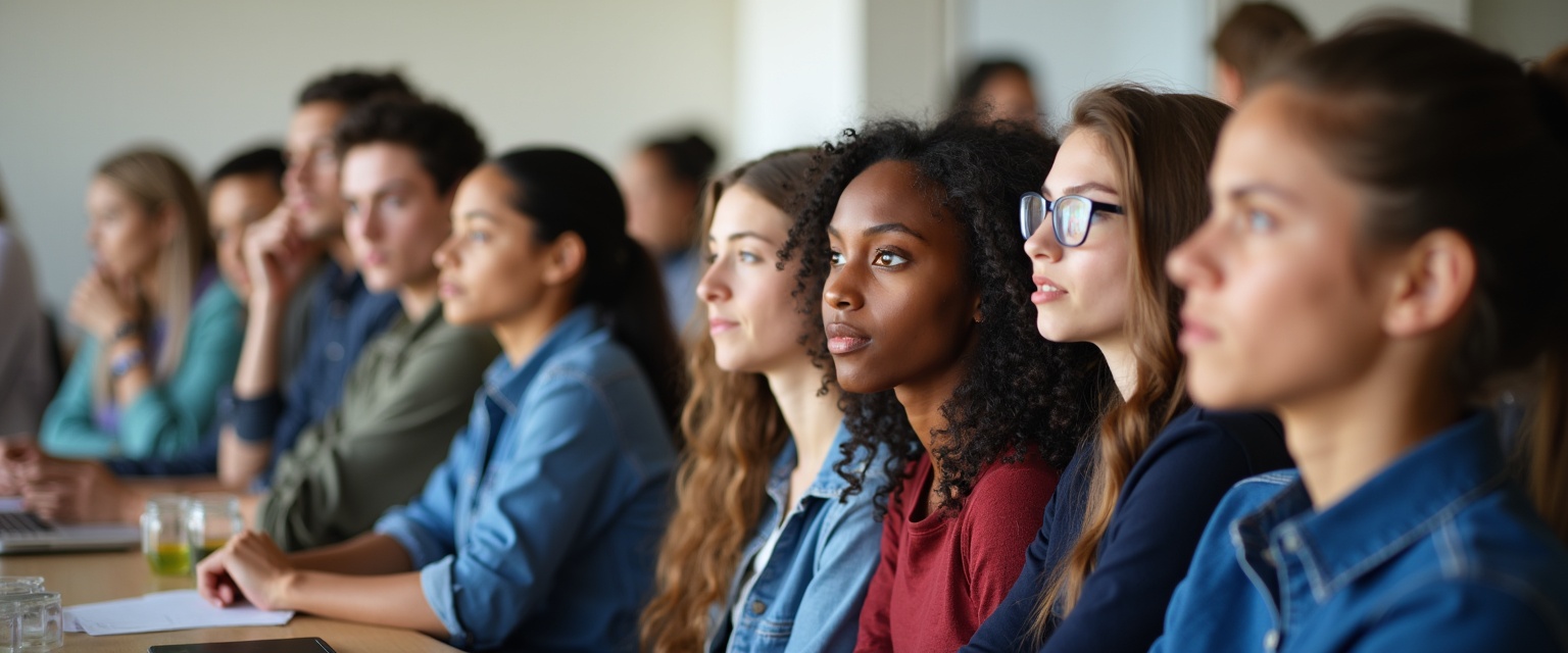 A diverse group of engaged students attentively listens during a workshop or seminar. The image represents opportunities to get involved with the United States Academic Decathlon (USAD).